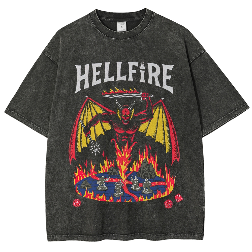 Retro Hellfire-Themed Demon & Tabletop Graphic Washed T-Shirt