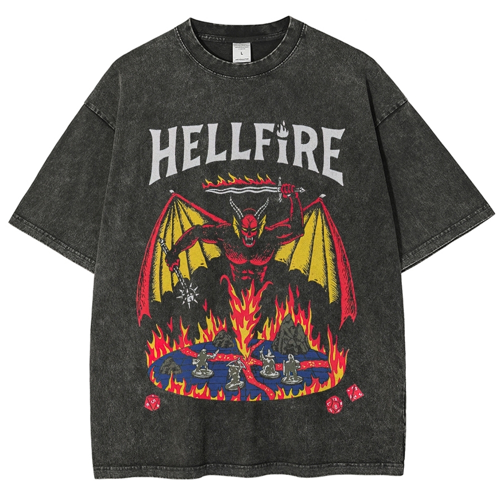 Retro Hellfire-Themed Demon & Tabletop Graphic Washed T-Shirt