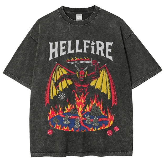 Retro Hellfire-Themed Demon & Tabletop Graphic Washed T-Shirt
