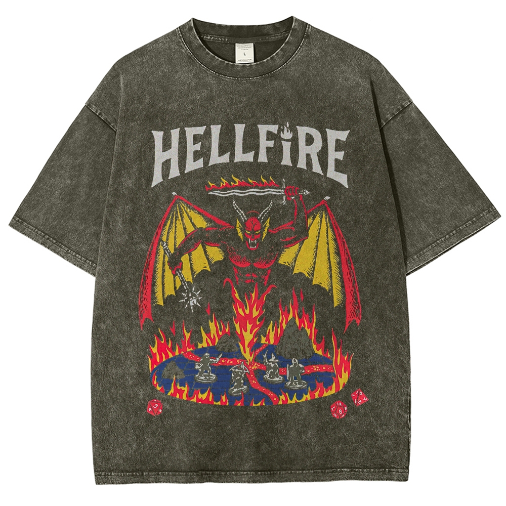 Retro Hellfire-Themed Demon & Tabletop Graphic Washed T-Shirt