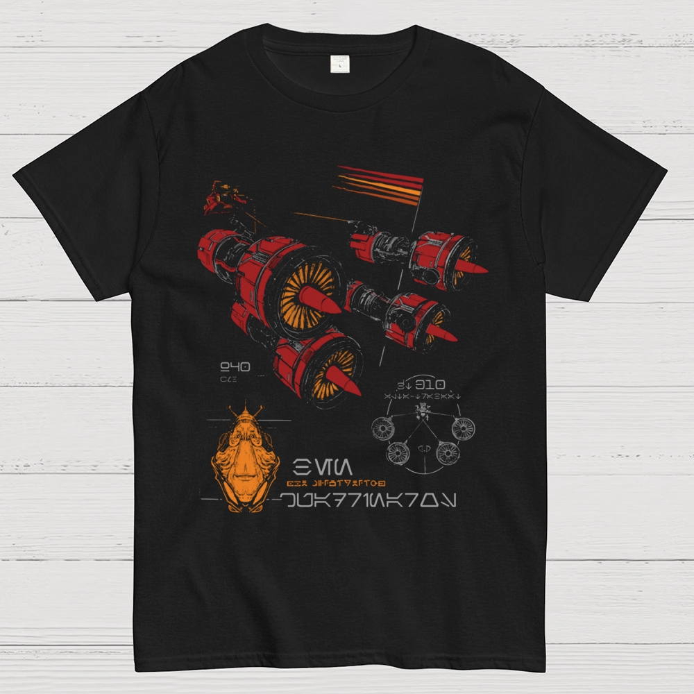 Mechanical Starship & Alien Schematic Graphic Cotton T-shirt