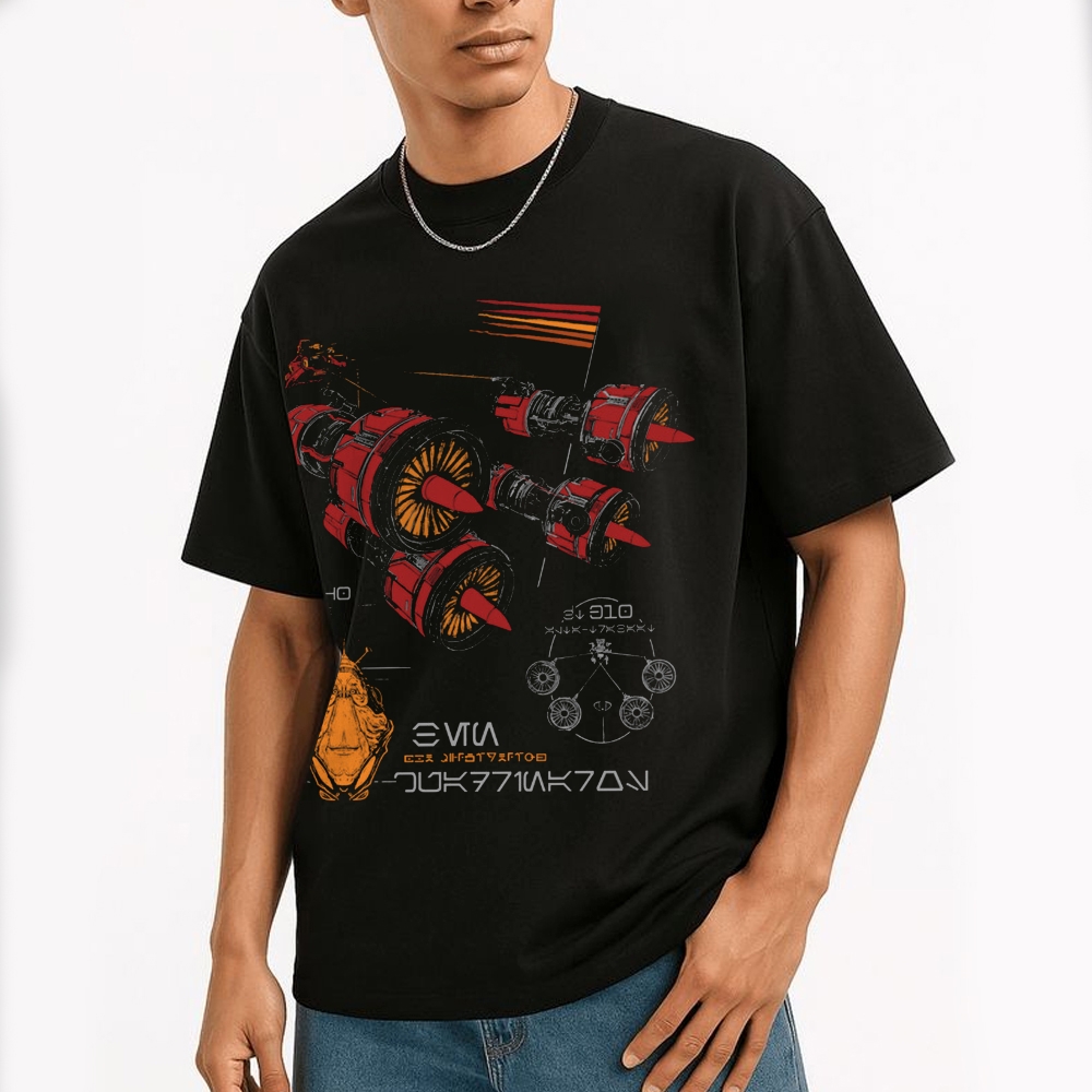 Mechanical Starship & Alien Schematic Graphic Cotton T-shirt