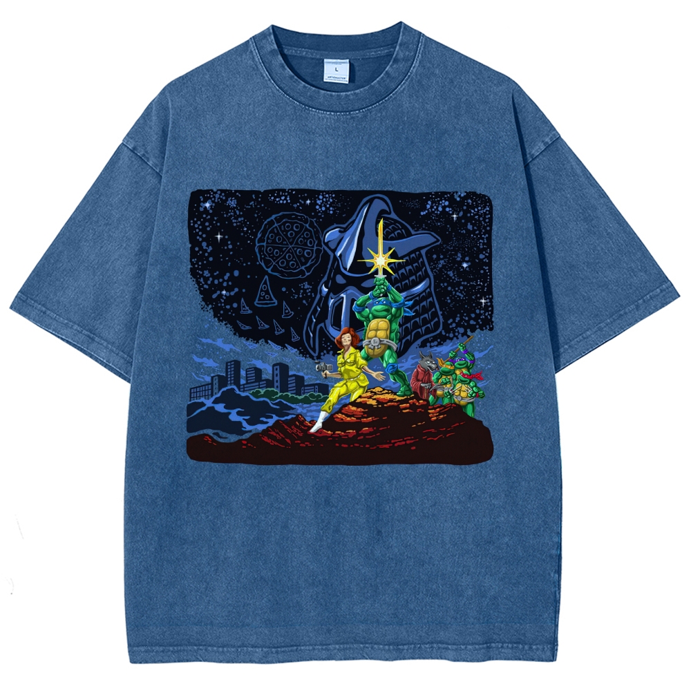 Retro Animated Crew & Urban Night Graphic Washed T-Shirt