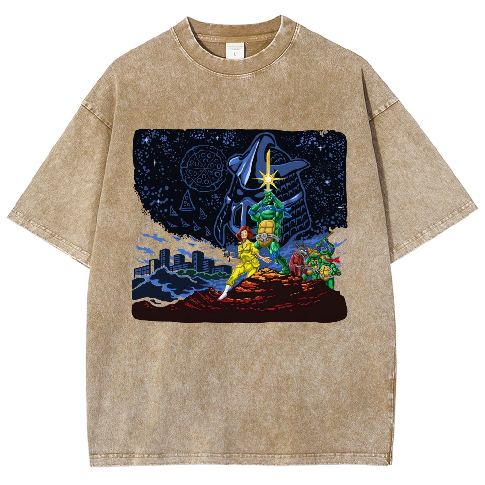 Retro Animated Crew & Urban Night Graphic Washed T-Shirt