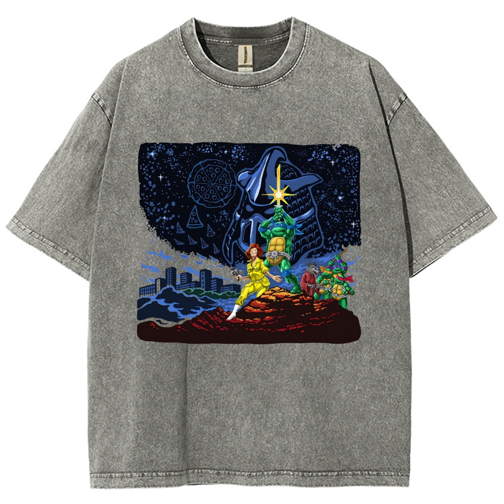 Retro Animated Crew & Urban Night Graphic Washed T-Shirt