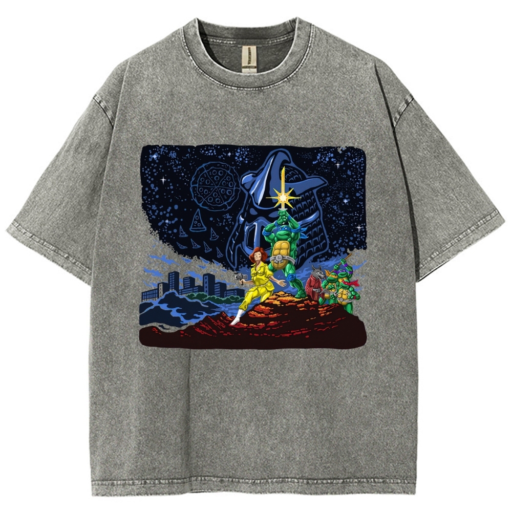 Retro Animated Crew & Urban Night Graphic Washed T-Shirt