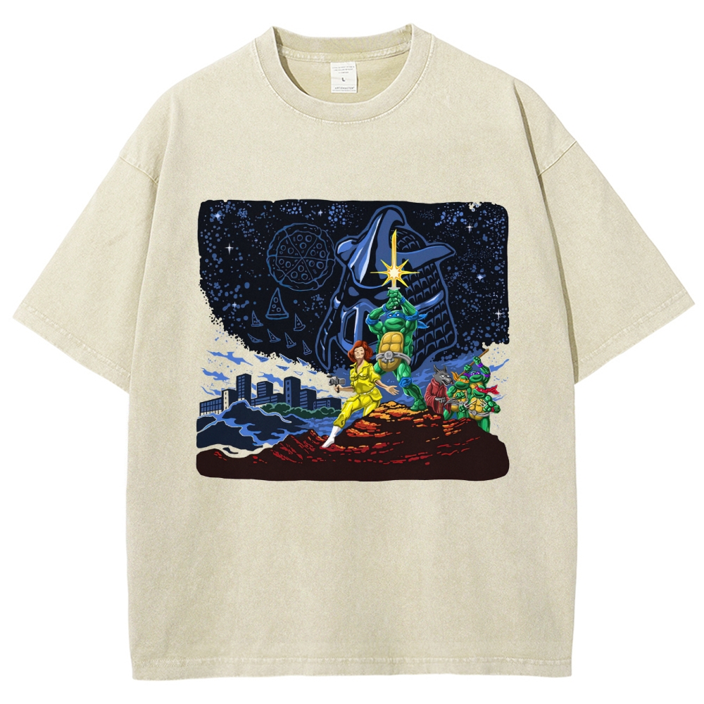Retro Animated Crew & Urban Night Graphic Washed T-Shirt