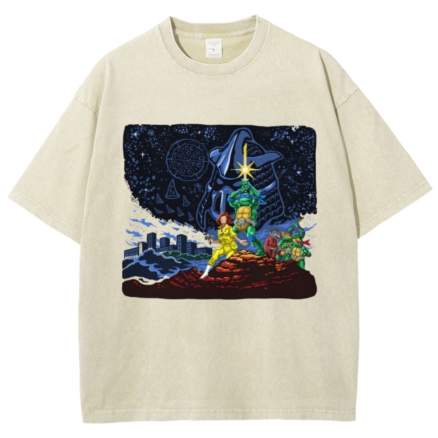 Retro Animated Crew & Urban Night Graphic Washed T-Shirt