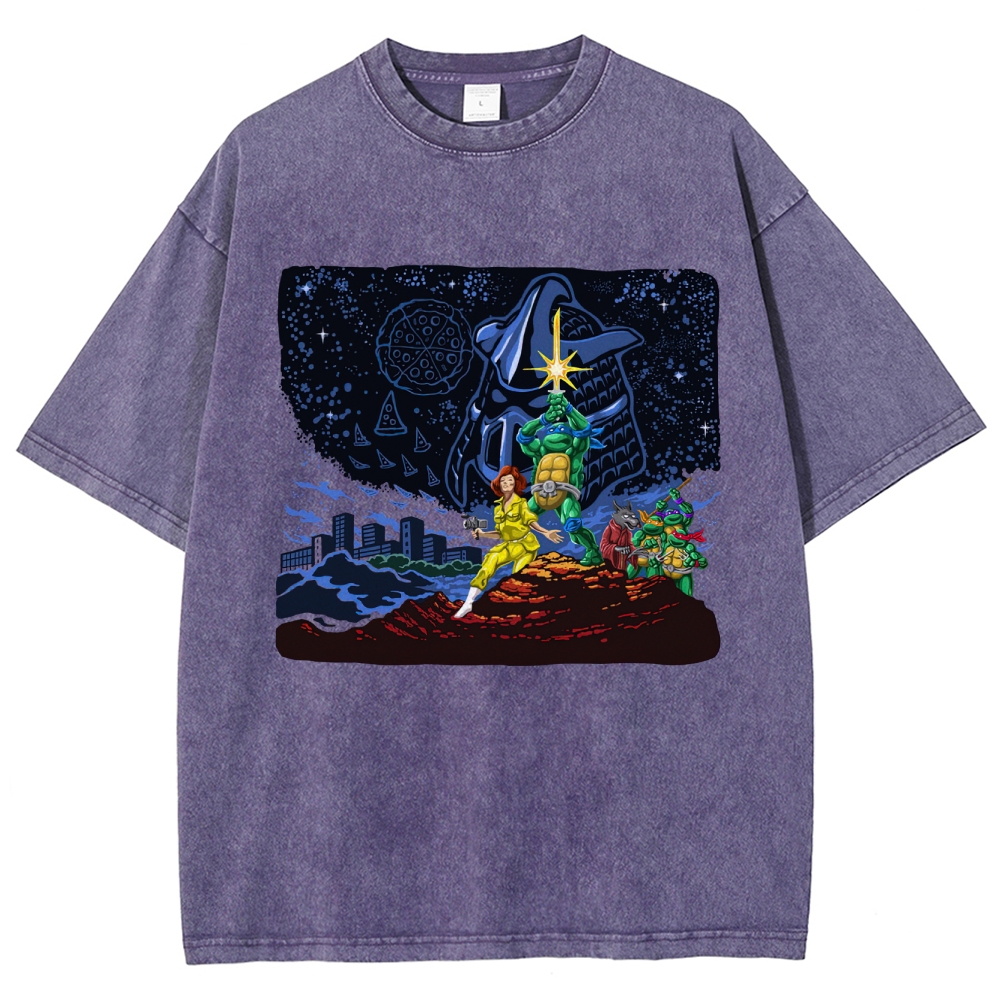 Retro Animated Crew & Urban Night Graphic Washed T-Shirt