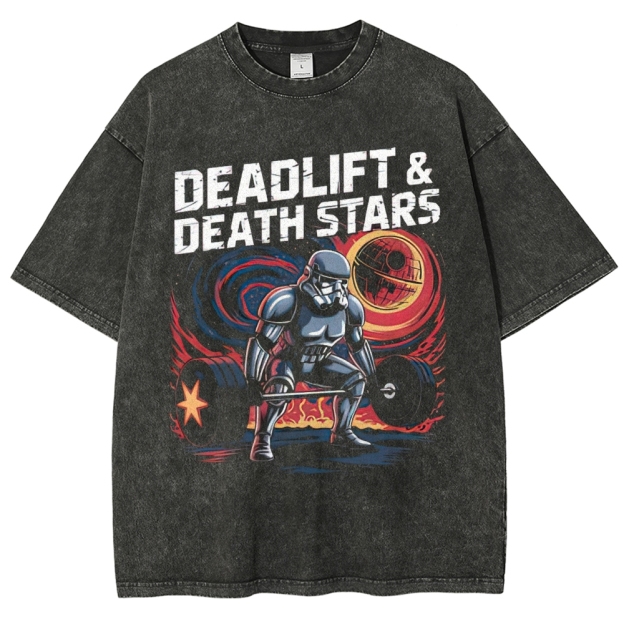 Gym & Galactic-Themed Armored Figure Graphic Washed T-Shirt