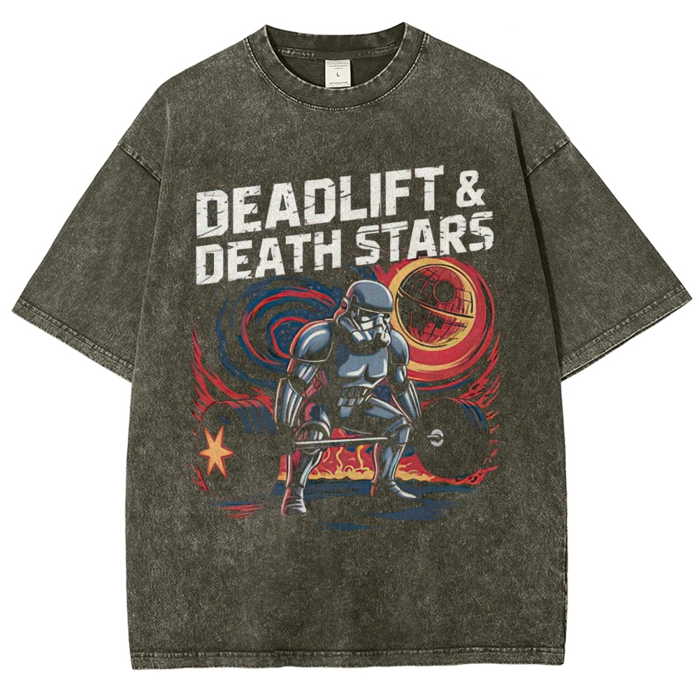 Gym & Galactic-Themed Armored Figure Graphic Washed T-Shirt
