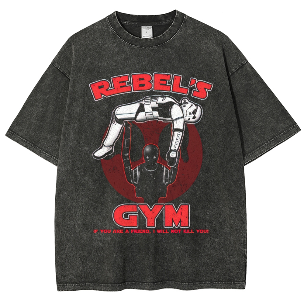 Rebel Gym-Themed Armored Figure Graphic Washed T-Shirt