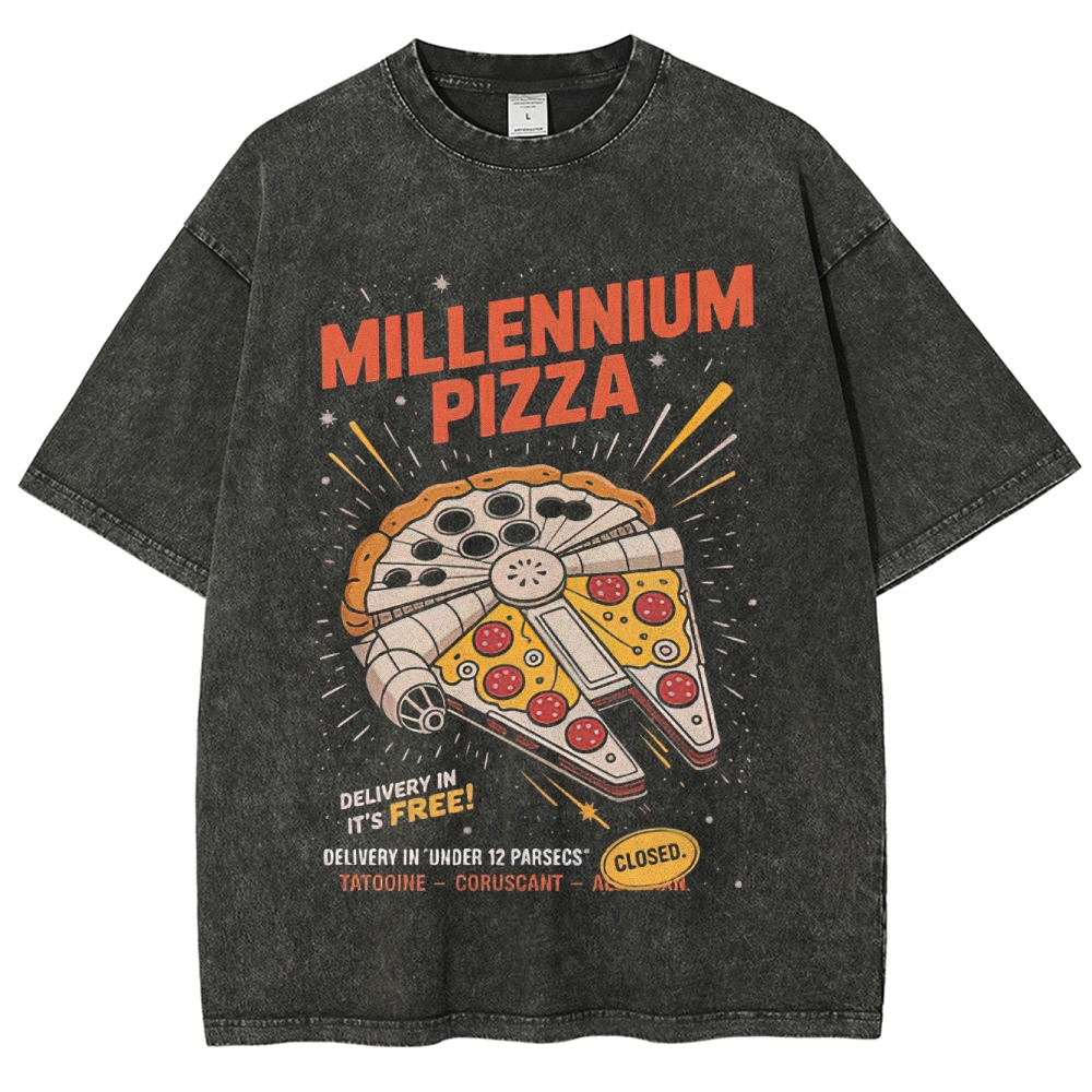 Galactic Pizza Delivery-Themed Graphic Washed T-Shirt