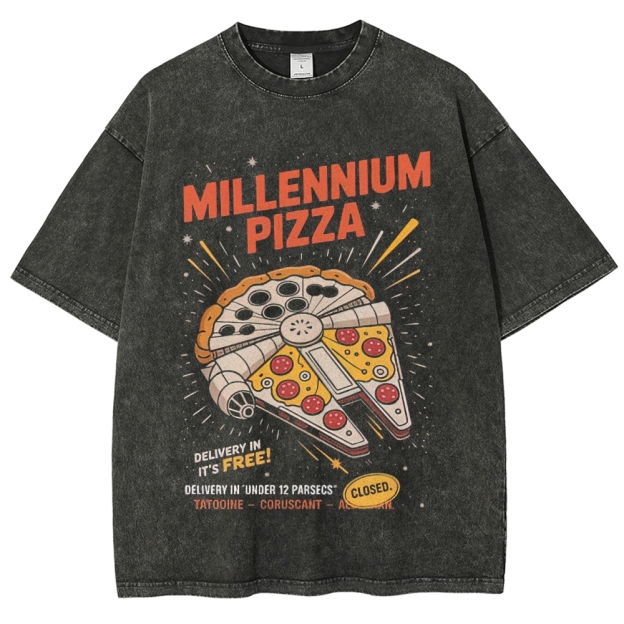 Galactic Pizza Delivery-Themed Graphic Washed T-Shirt