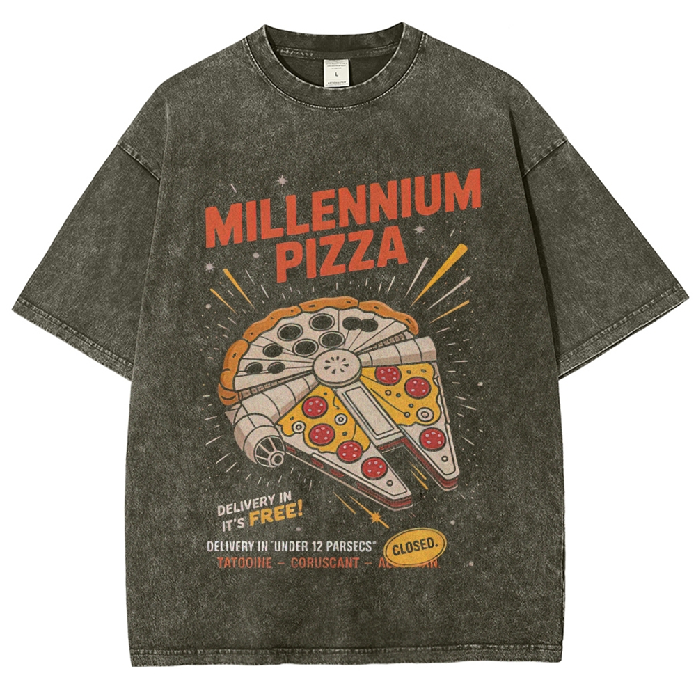 Galactic Pizza Delivery-Themed Graphic Washed T-Shirt