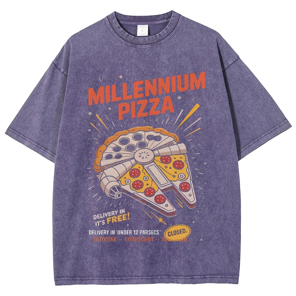 Galactic Pizza Delivery-Themed Graphic Washed T-Shirt