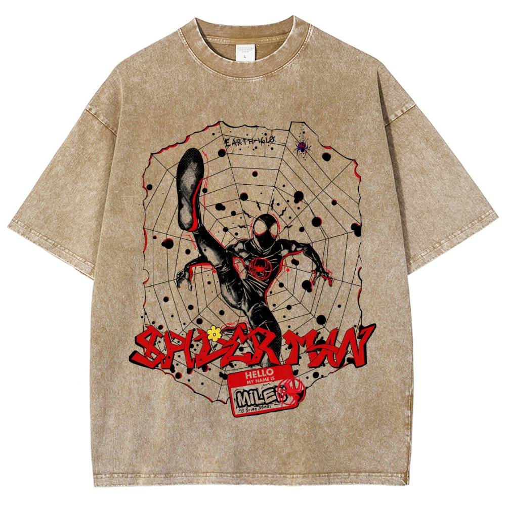 Graffiti-Style Spider Hero Graphic Washed T-Shirt
