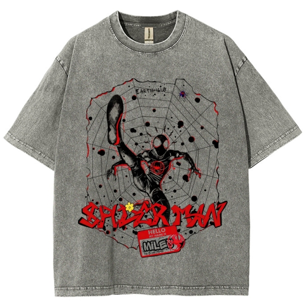 Graffiti-Style Spider Hero Graphic Washed T-Shirt