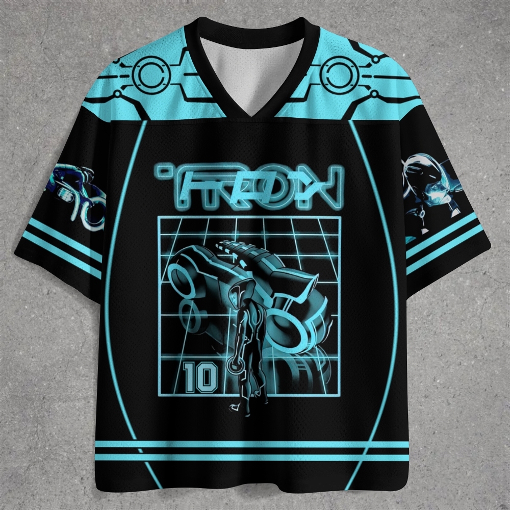 Futuristic Neon Circuit with Digital Rider & Light Trail Jersey Shirts