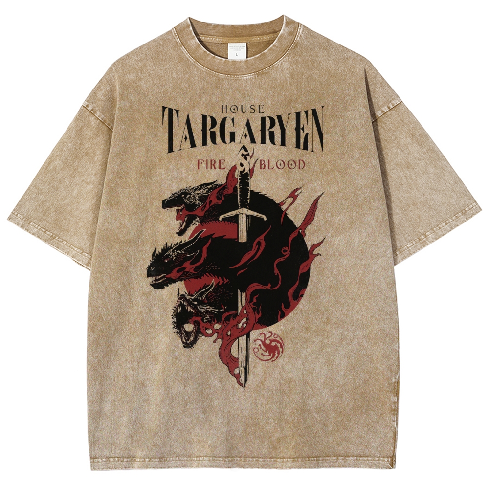 Epic Dragon Crest Sword and Flame Washed T-Shirt 