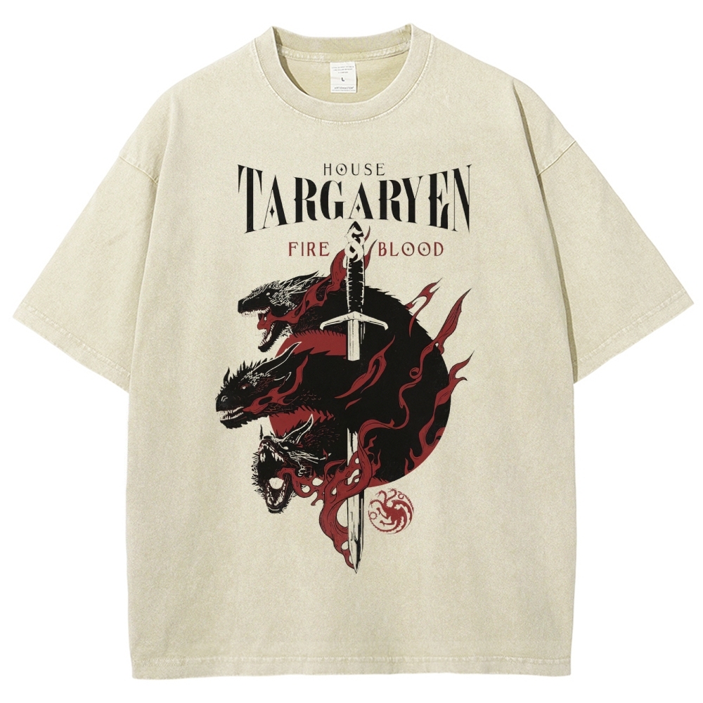 Epic Dragon Crest Sword and Flame Washed T-Shirt 