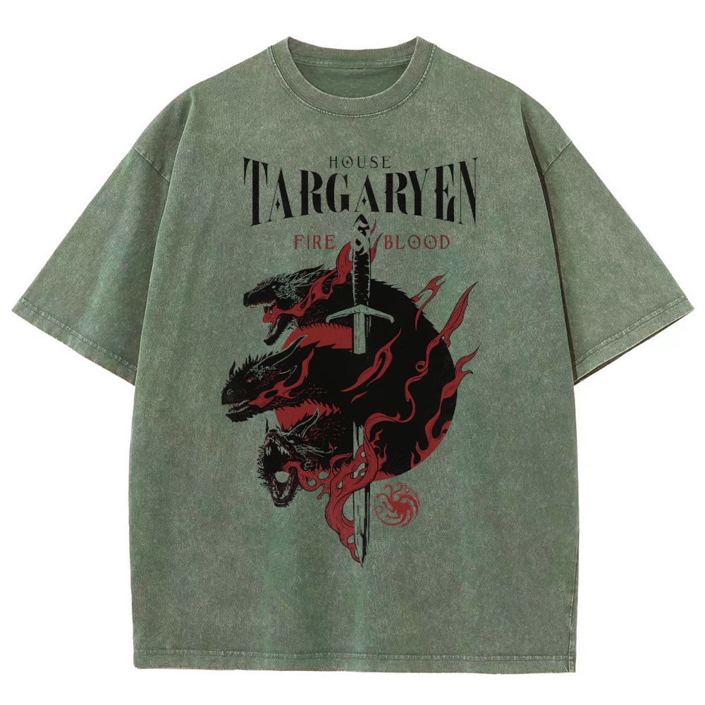 Epic Dragon Crest Sword and Flame Washed T-Shirt 