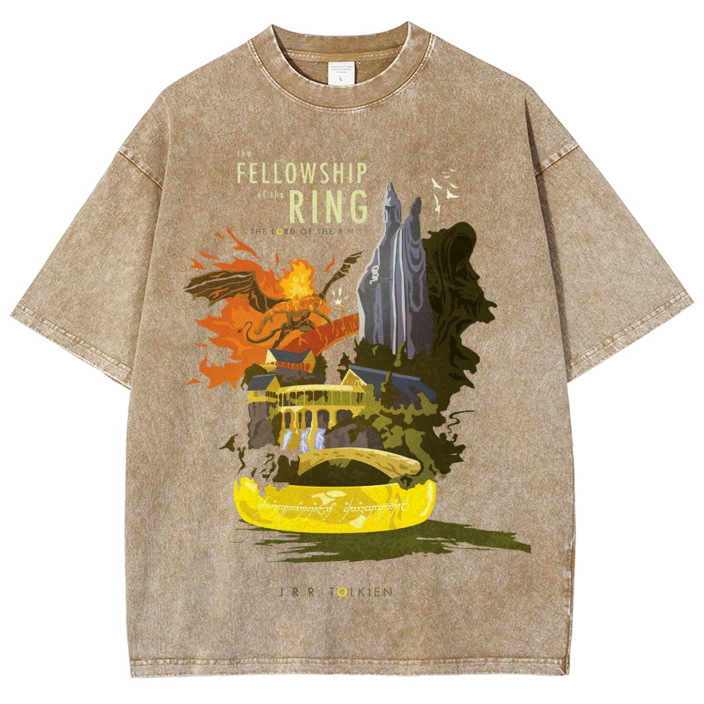The Fellowship of the Ring Retro Book-Themed Graphic Washed T-Shirt