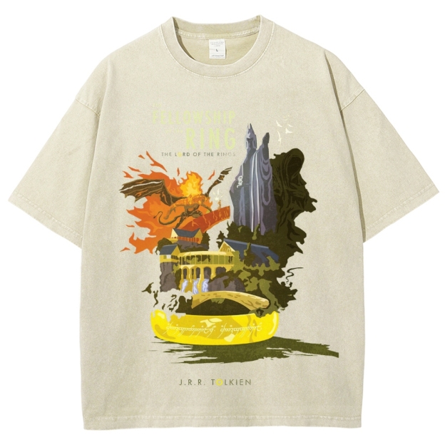 The Fellowship of the Ring Retro Book-Themed Graphic Washed T-Shirt