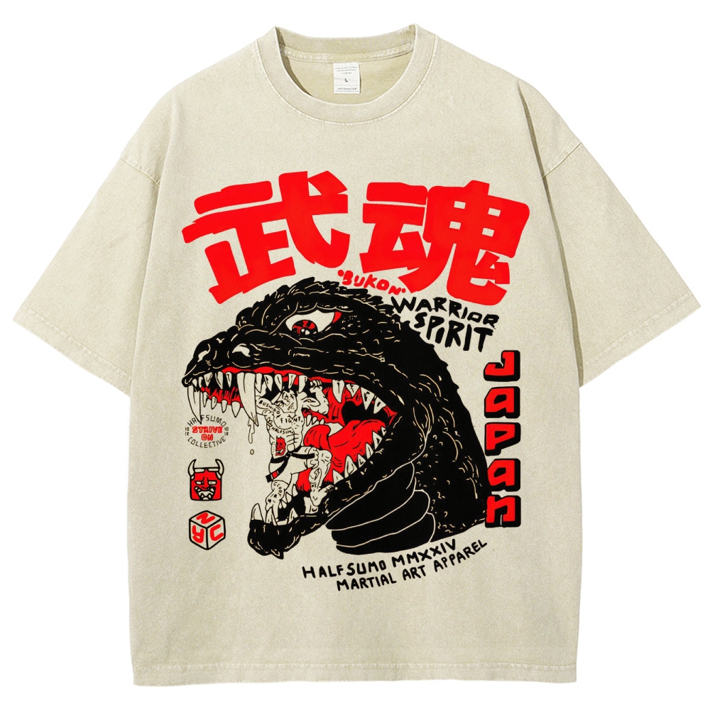 Bukou Warrior Spirit Kaiju-Themed GraphicWashed T-Shirt