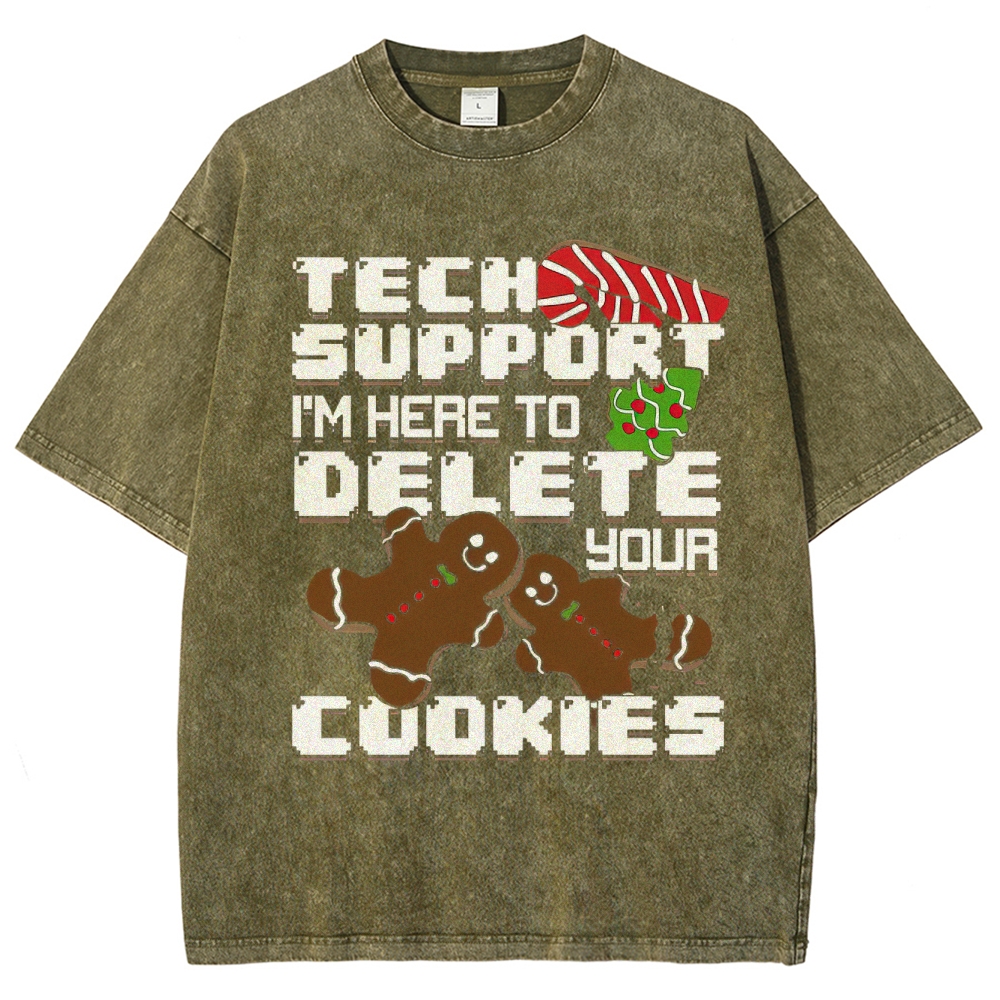 Tech Support Delete Your Cookies Christmas Pixel Graphic Washed T-Shirt
