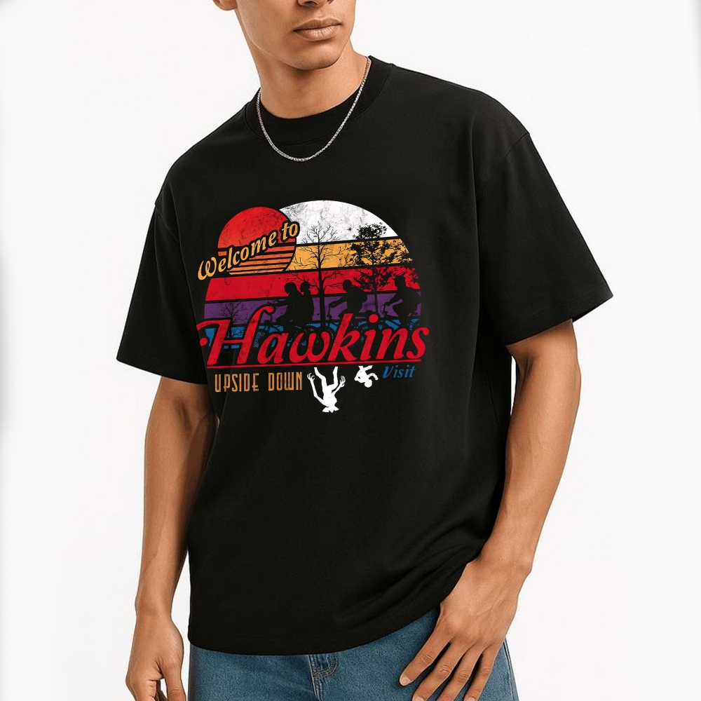 Welcome to Hawkins Upside Down Retro Graphic Cotton T-shirt