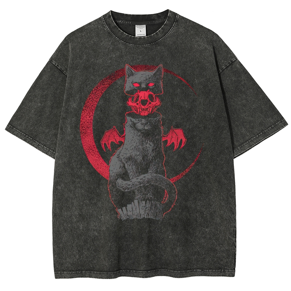 Gothic Demon Cat Horror-Themed Graphic Washed T-Shirt