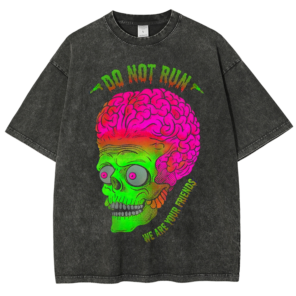 Neon Brain Skull Horror-Comedy Graphic Washed T-Shirt