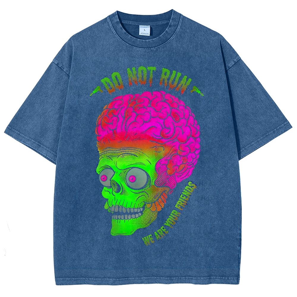 Neon Brain Skull Horror-Comedy Graphic Washed T-Shirt