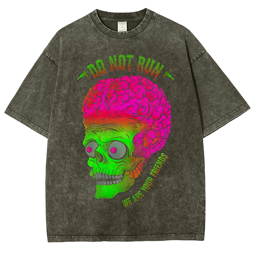 Neon Brain Skull Horror-Comedy Graphic Washed T-Shirt