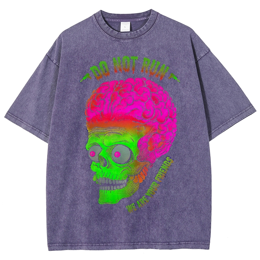 Neon Brain Skull Horror-Comedy Graphic Washed T-Shirt