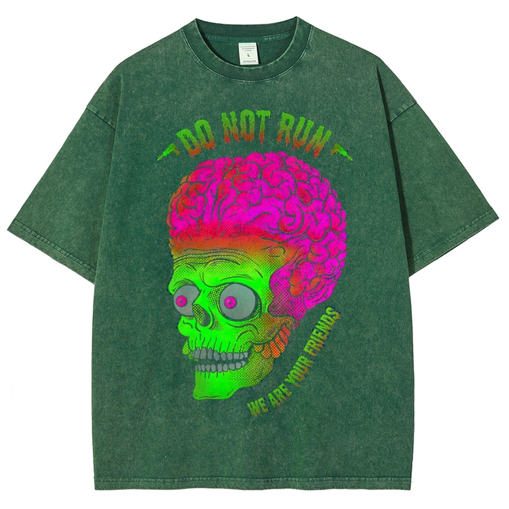 Neon Brain Skull Horror-Comedy Graphic Washed T-Shirt