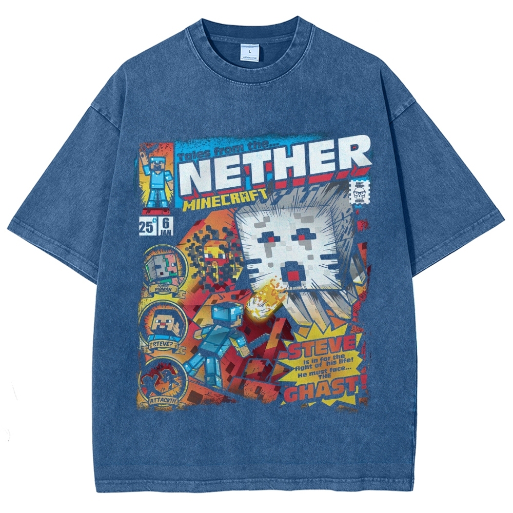 Nether Realm Blocky Adventure Comic Graphic Washed T-Shirt