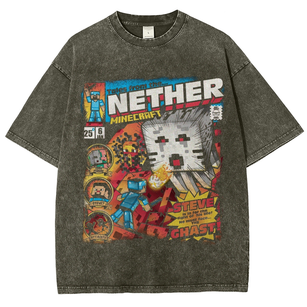 Nether Realm Blocky Adventure Comic Graphic Washed T-Shirt