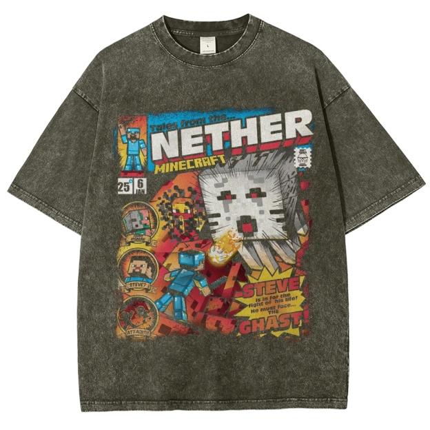 Nether Realm Blocky Adventure Comic Graphic Washed T-Shirt