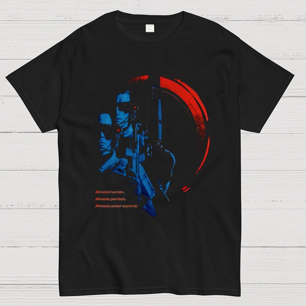 "Almost Human" Cybernetic Action Graphic Cotton T-shirt