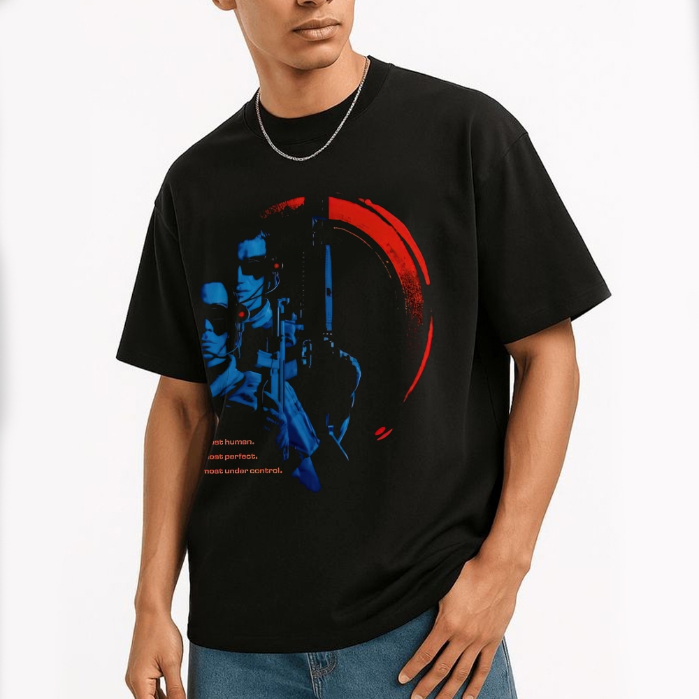 "Almost Human" Cybernetic Action Graphic Cotton T-shirt