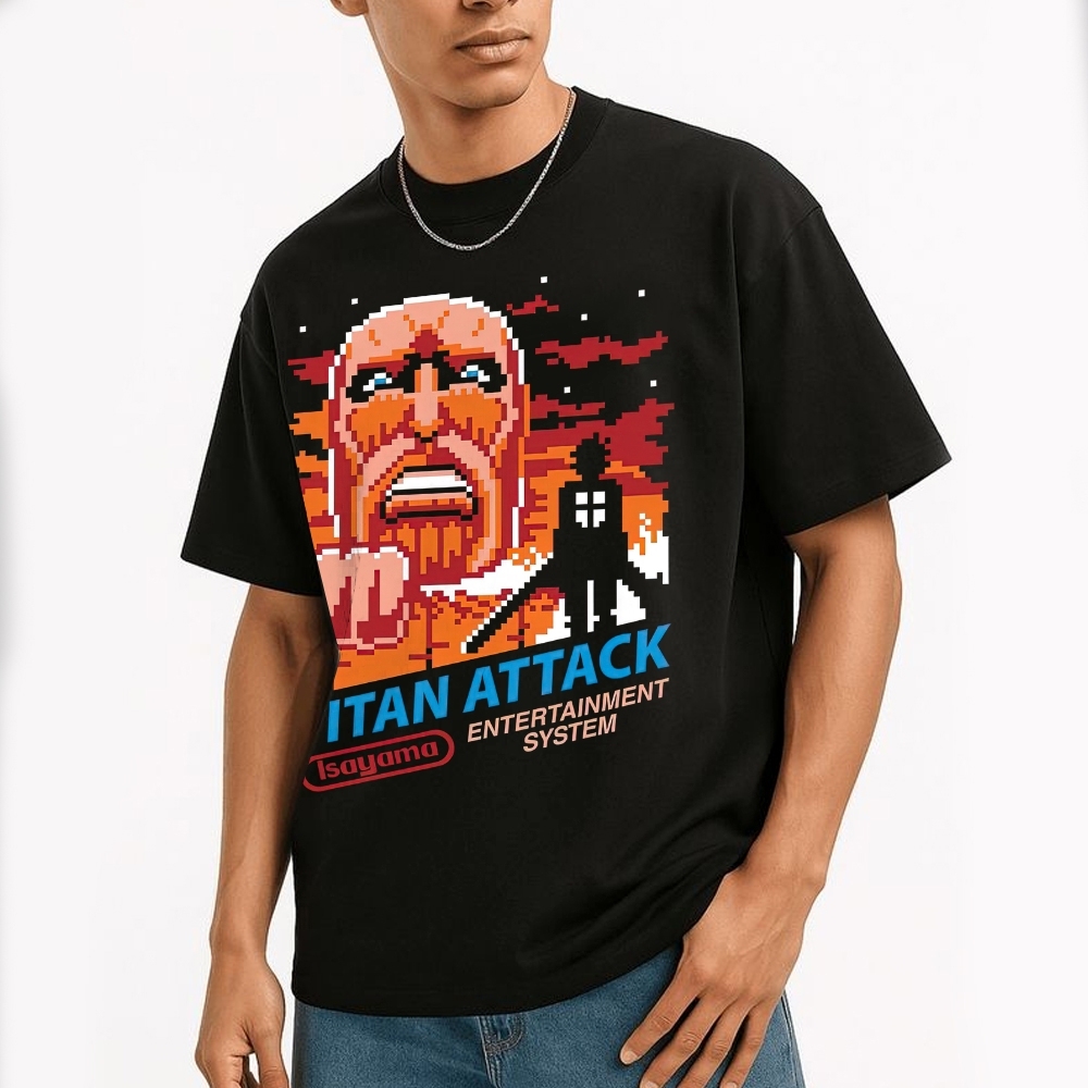 "Titan Attack" Pixel-Art Warrior Graphic Cotton T-shirt