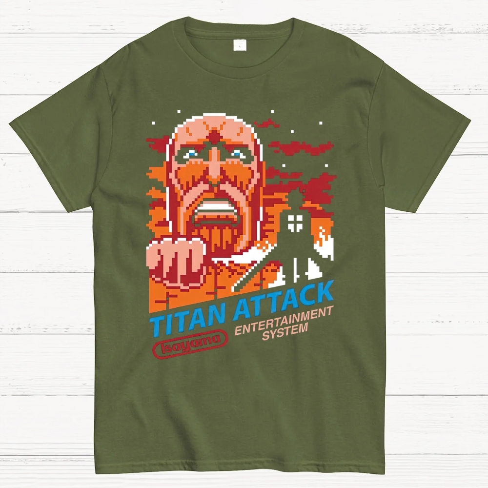 "Titan Attack" Pixel-Art Warrior Graphic Cotton T-shirt