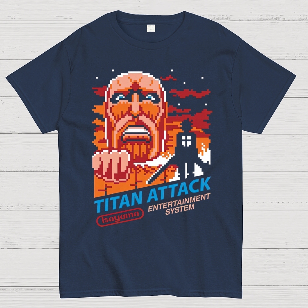 "Titan Attack" Pixel-Art Warrior Graphic Cotton T-shirt