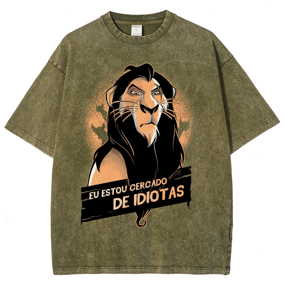 Fierce Lion Character "Eu Estou Cercado" Graphic Washed T-Shirt