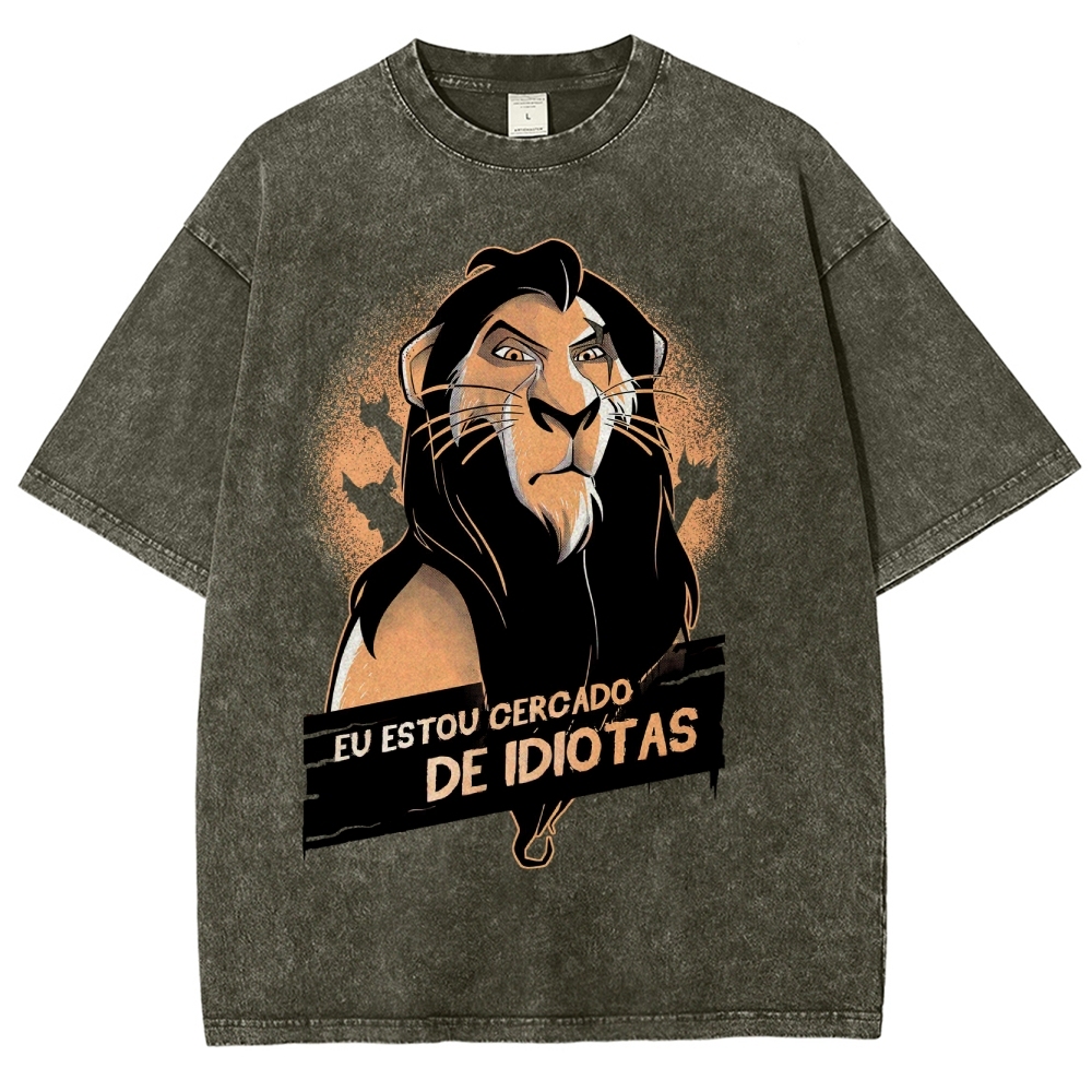 Fierce Lion Character "Eu Estou Cercado" Graphic Washed T-Shirt