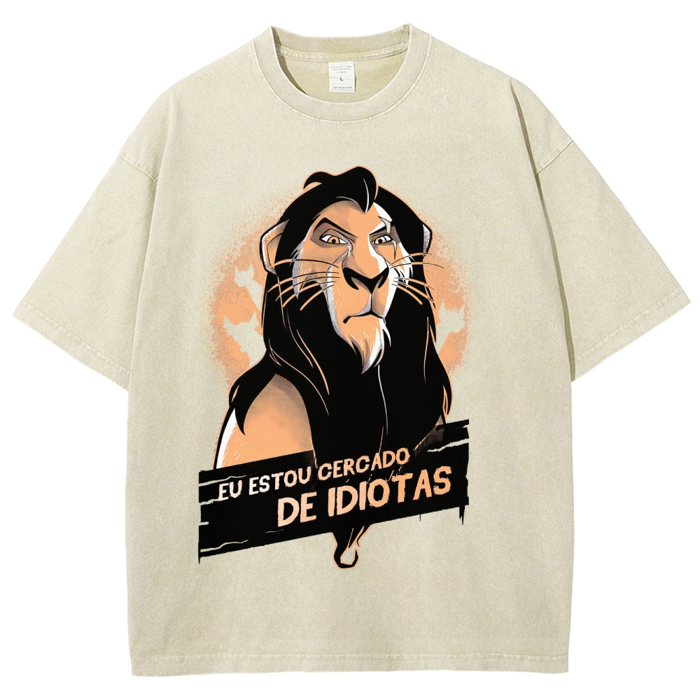 Fierce Lion Character "Eu Estou Cercado" Graphic Washed T-Shirt