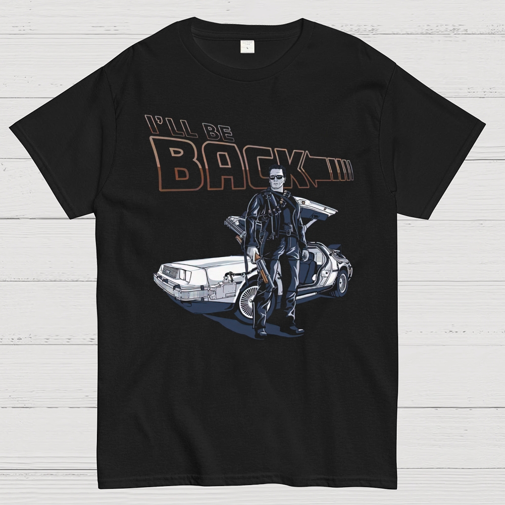 "I'll Be Back" Sci-Fi Action Character & Car Graphic Cotton T-shirt