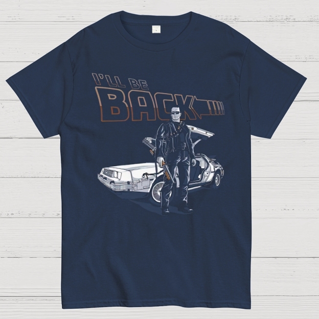"I'll Be Back" Sci-Fi Action Character & Car Graphic Cotton T-shirt